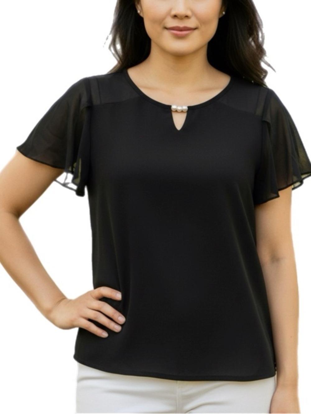 Atelier 29 |  Black Blouse with Sheer Short Flutter Sleeves & Pearl Neckline